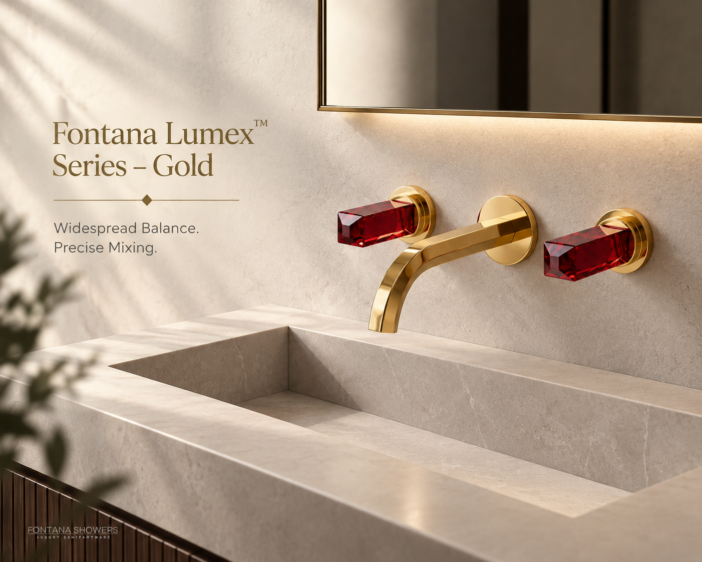 Fontana Lumex Gold Wall-Mounted Widespread Bathroom Faucet with Crystal Knobs